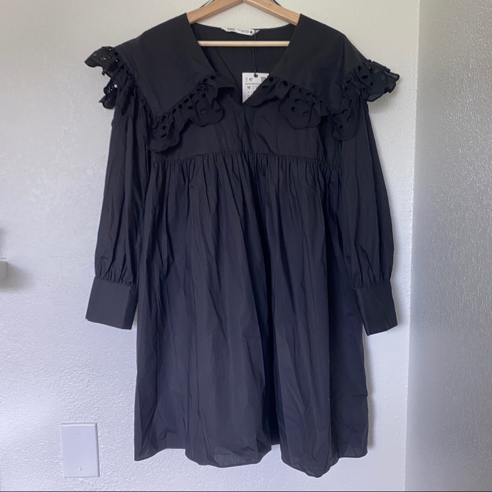 Zara Babydoll Poplin Mini Dress in Black - Size M
